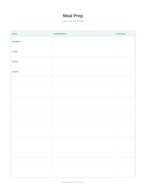 A meal prep planner with columns for meal, ingredients, and portions, and rows for breakfast, lunch, dinner, and snacks.