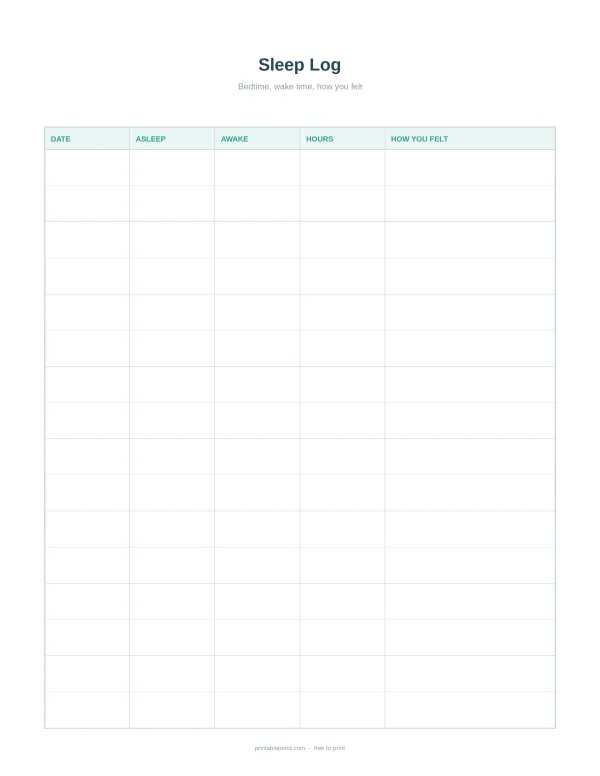 A blank sleep log planner with columns for date, asleep, awake, hours, and how you felt.