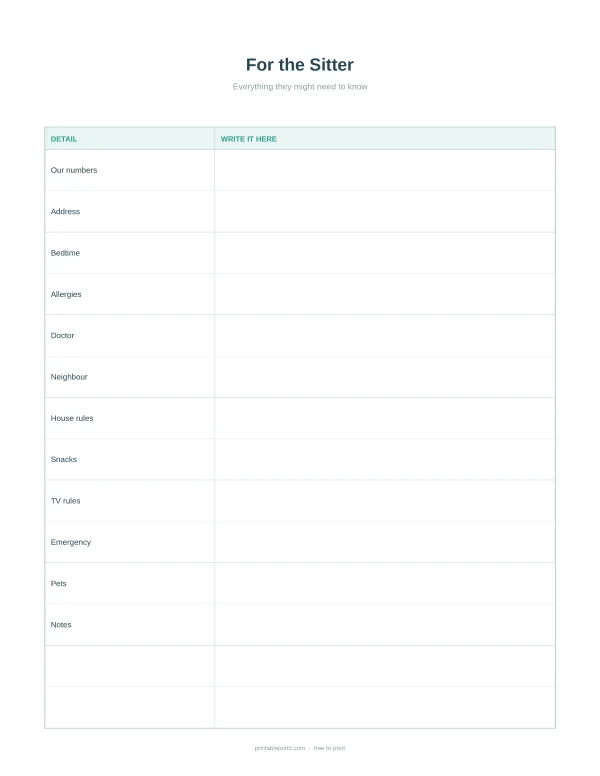 A printable sheet with two columns labeled Detail and Write It Here for babysitter information.