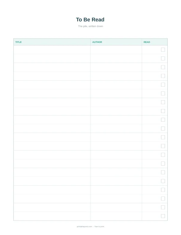 A blank planner page with columns for title, author, and a checkbox for read status.