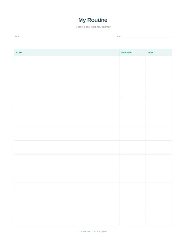 Daily routine chart with columns for step, morning, and night, and space for name and date.