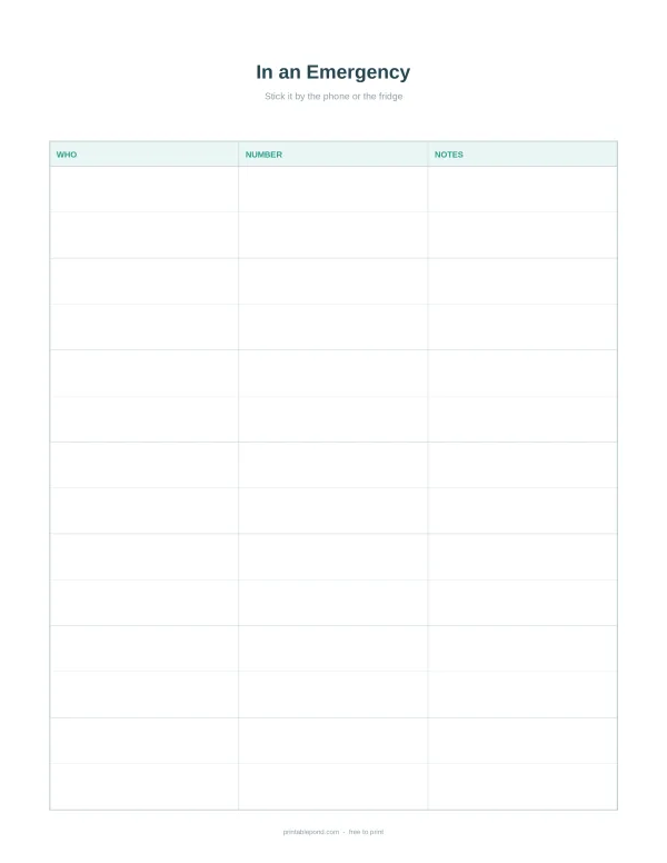 A blank emergency contact sheet with columns for who, number, and notes.