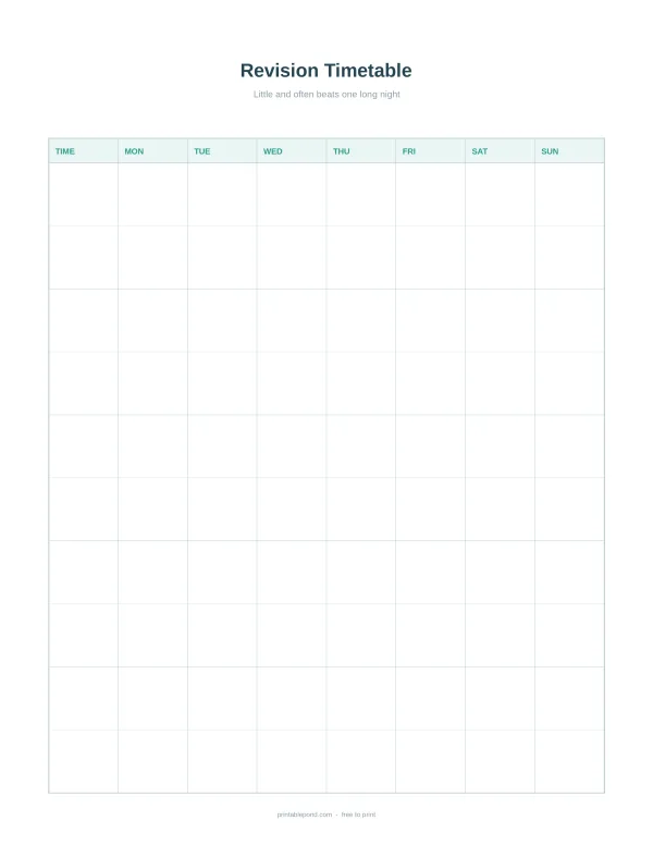 A blank weekly timetable with sections for time, Monday through Sunday, and rows for study periods.