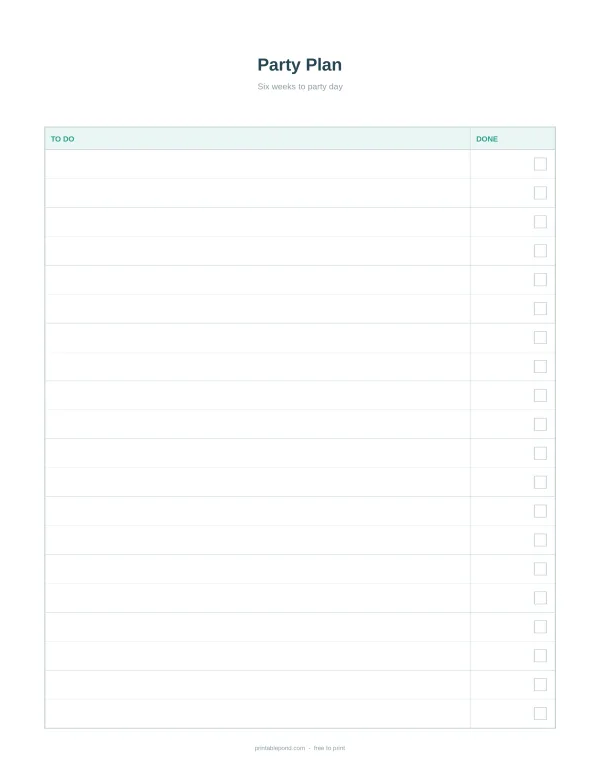 A party planning checklist with two columns: 'To Do' and 'Done', and a list of tasks with checkboxes.