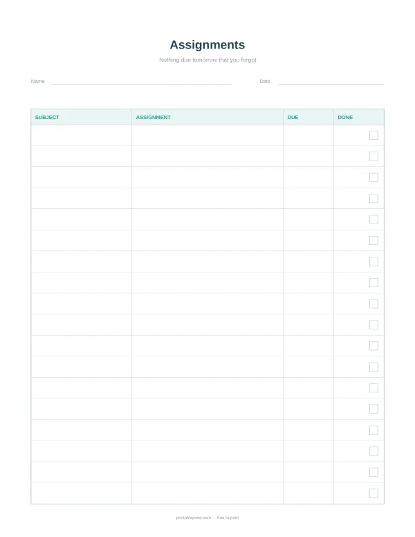 A blank assignment tracker with columns for subject, assignment, due date, and a checkbox for done.