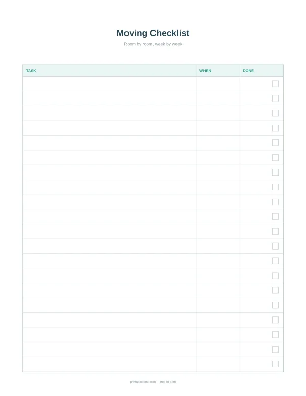 A moving checklist planner with columns for task, when, and done with rows for tasks.