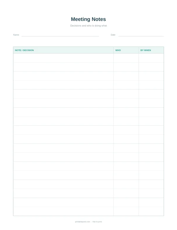 A blank meeting notes planner page with columns for decisions, who is responsible, and by when.