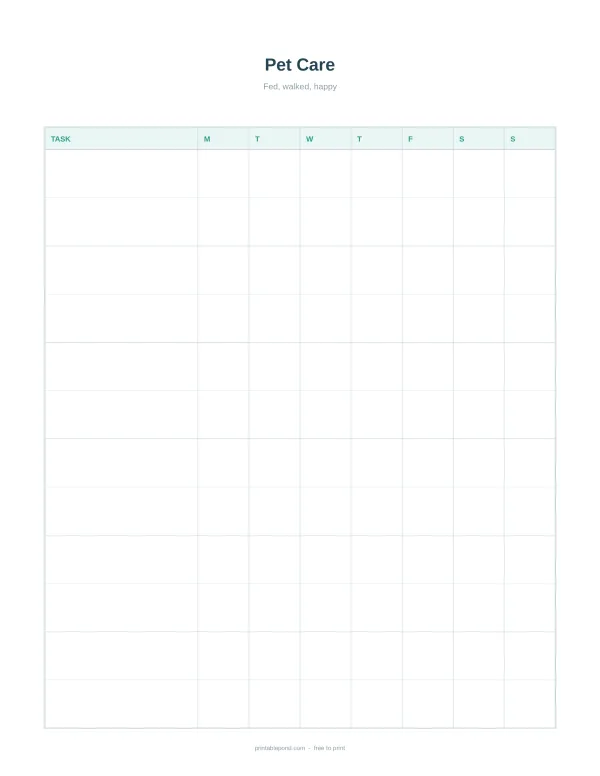 A blank weekly planner for tracking pet care tasks like feeding and walking.
