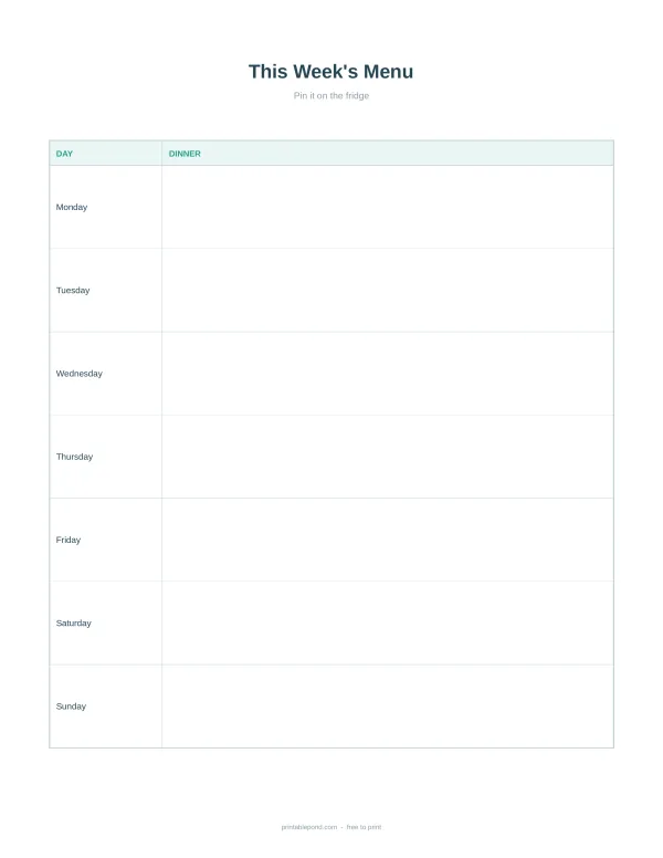Weekly menu planner with days of the week listed and space for dinner ideas.