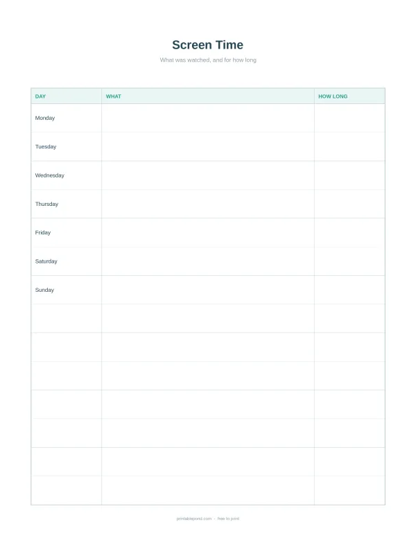 Weekly planner with columns for Day, What, and How Long, for tracking screen time.