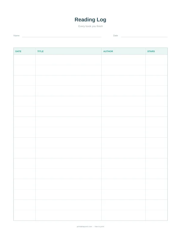 A blank reading log planner with columns for date, title, author, and stars.