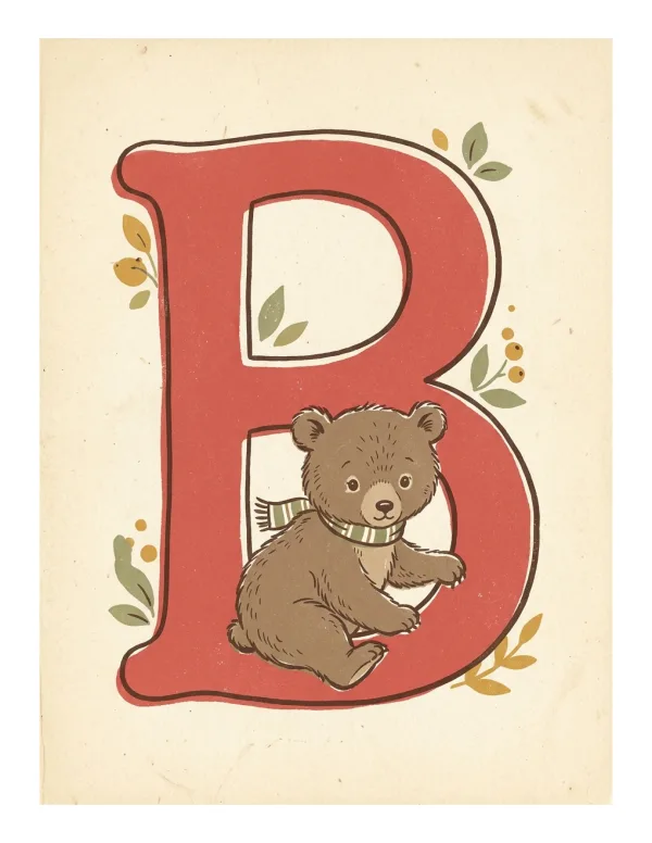 A brown bear cub wearing a scarf sits inside a large red letter B, surrounded by leaves.