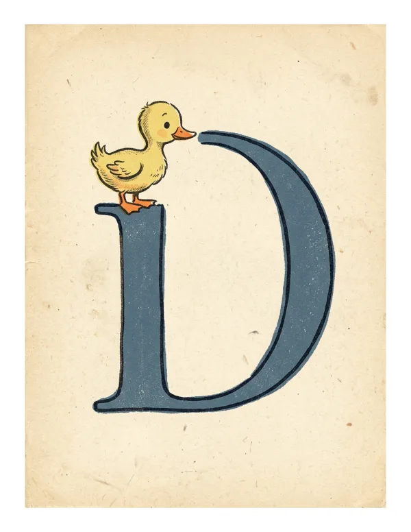 A small yellow duckling stands on top of a large blue letter D.