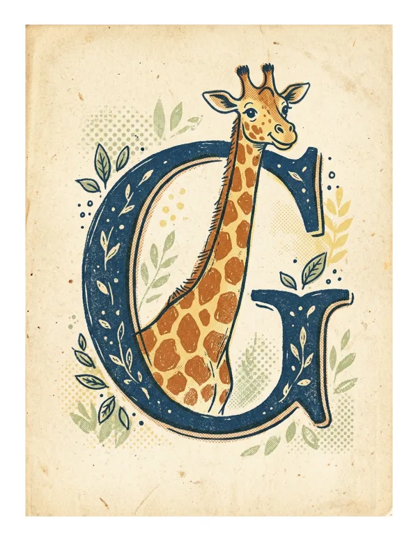 A stylized blue letter G with a giraffe peeking from behind and green leaves scattered around the design.