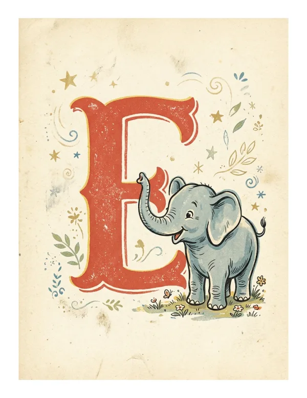 A cute, gray elephant stands next to a large, red, decorative letter E with floral and star accents.