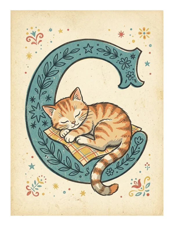Ornate blue letter C decorated with leaves and stars, with a sleeping orange tabby cat on a plaid pillow.