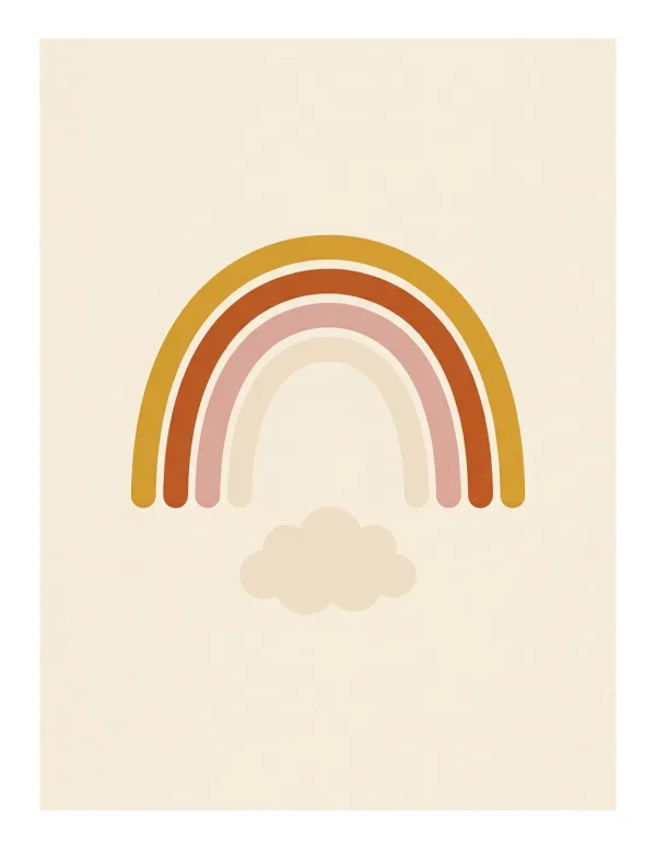 A stylized arched rainbow with five stripes above a fluffy cloud, against a cream background.