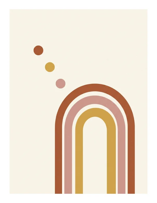 A stylized rainbow with three arches in muted terracotta, pink, and mustard yellow against a cream background.