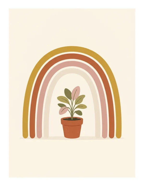 A boho rainbow arch with muted colors over a small potted plant with green and pink leaves.
