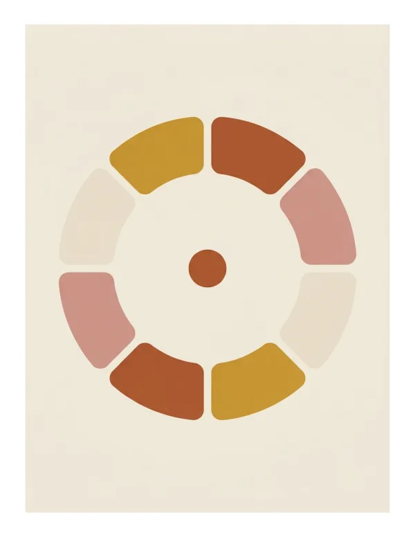 A circle composed of rounded segments in muted colors like rust, mustard, and blush, with a central dot.