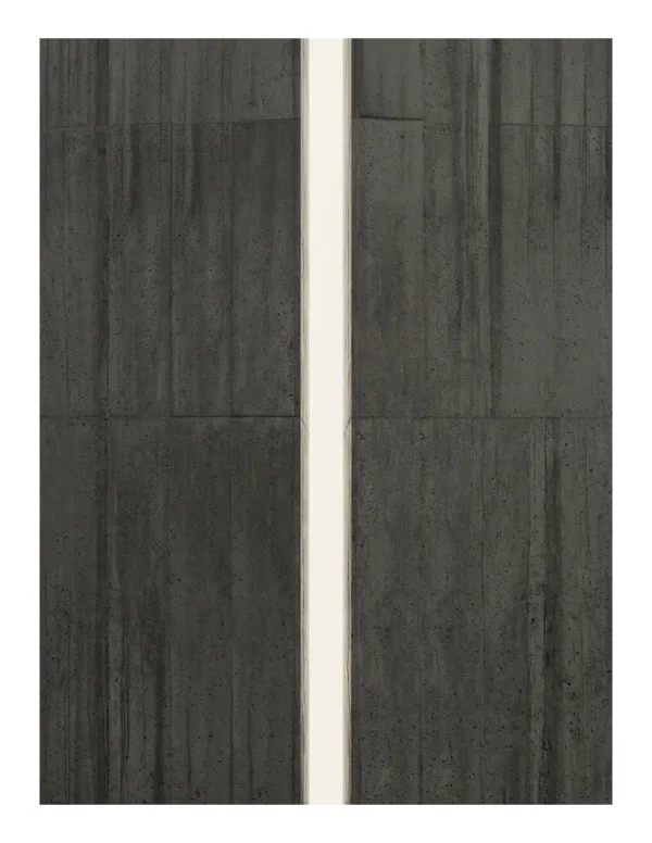 Abstract brutalist concrete panels with a vertical bright light gap in the center.