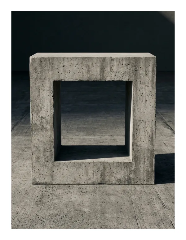 A concrete cube with a square hole through the center, casting a shadow on a concrete floor.
