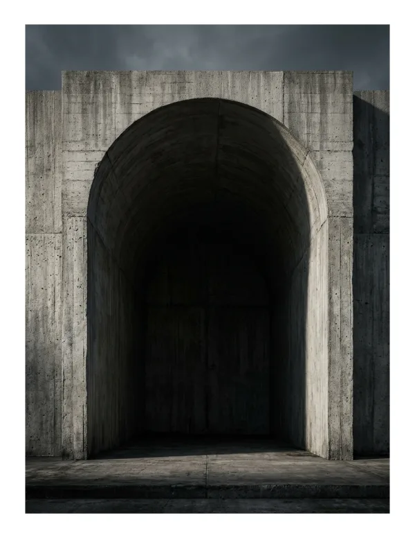 A large, dark concrete archway with rough textured walls and a dark interior.