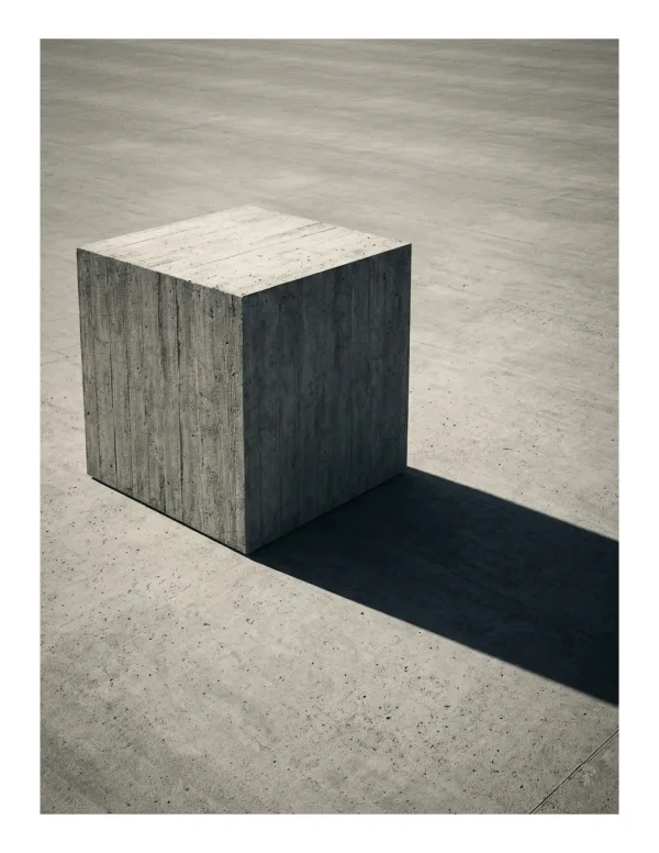 A gray concrete cube sits on a concrete surface, casting a long shadow.