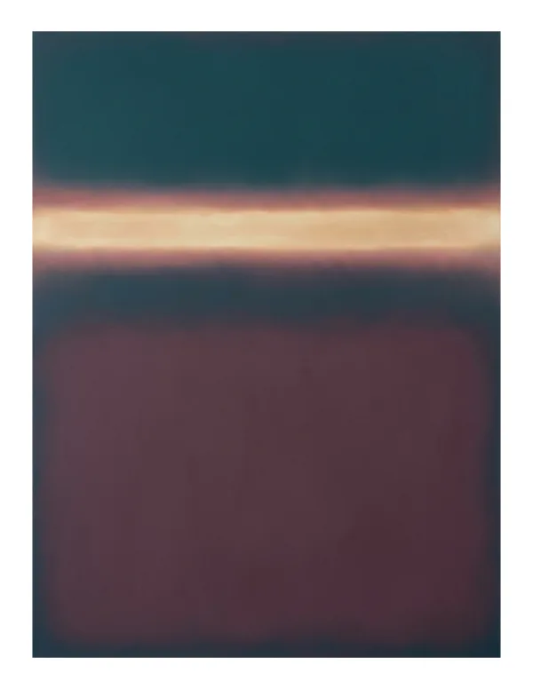 Abstract painting with a horizontal band of light between dark teal and deep maroon sections.