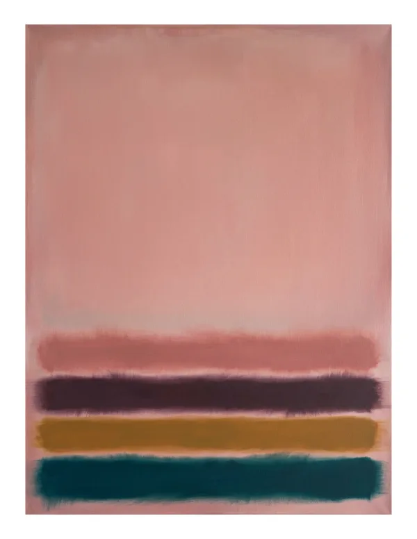 Four soft horizontal bands of color in pink, purple, gold, and teal on a pale pink background.