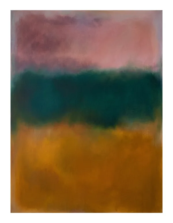 Three horizontal blocks of color: pink, teal, and gold, with soft edges.