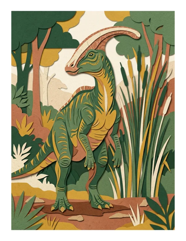 Paper-cut style illustration of a green and yellow Parasaurolophus dinosaur standing near tall reeds and trees.