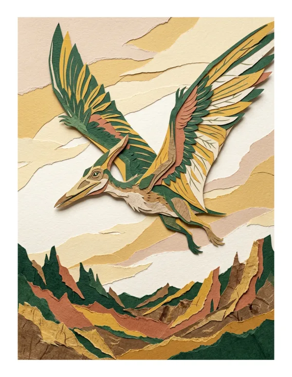 Paper cut-out of a green and yellow pterodactyl flying over layered brown and green mountains.