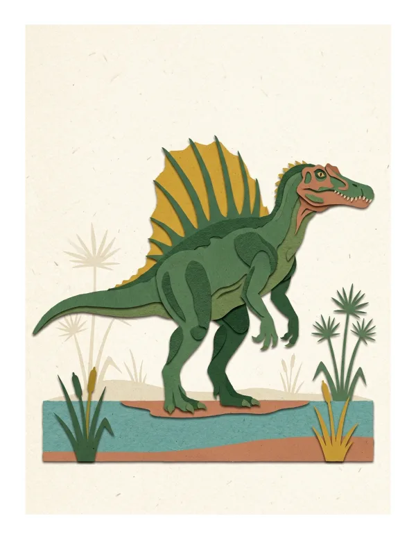Green Spinosaurus dinosaur with a large yellow-edged sail on its back stands on a sandy ledge near water and reeds.