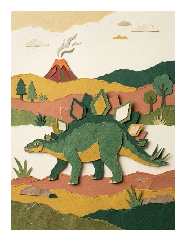 A green Stegosaurus walks through a textured landscape with a smoking volcano in the distance.