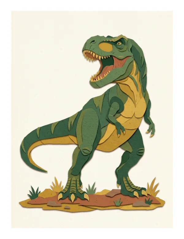 A green and yellow Tyrannosaurus Rex stands roaring with its mouth open wide, set against a plain background.
