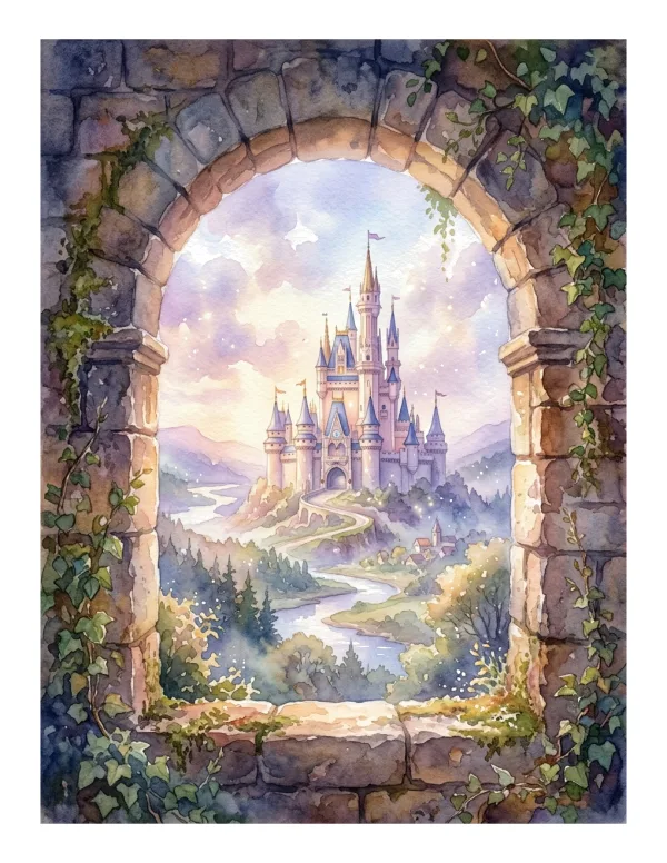 Watercolor painting of a fantasy castle seen through a rough stone archway covered in ivy.