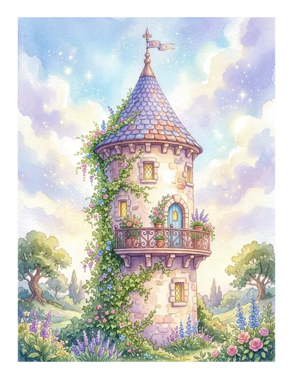 A watercolor painting of a stone castle tower with a blue door and balcony covered in ivy and flowers.