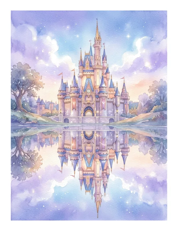 A majestic fairy tale castle with tall spires reflected in calm water under a starry purple sky with soft clouds.