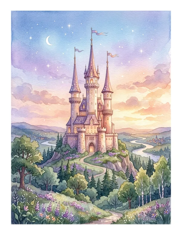 A whimsical fairy tale castle with spired towers sits on a hilltop overlooking a winding river and a village.