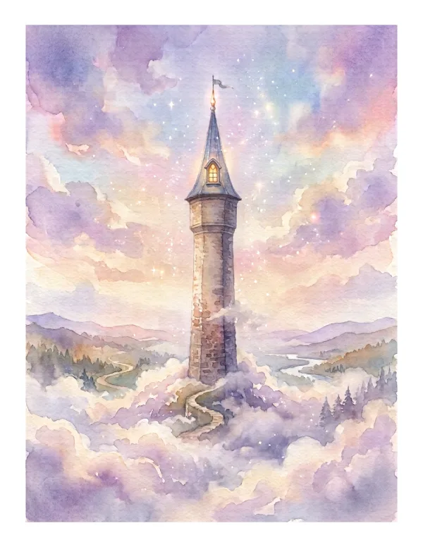 A tall, stone tower with a conical roof rises above soft, pastel clouds, surrounded by rolling hills and a winding path.