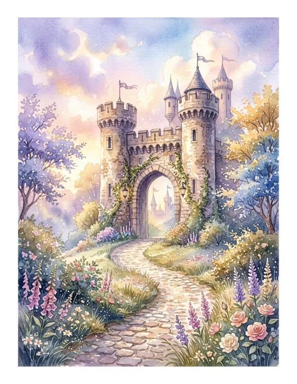 Stone path winds through a colorful garden towards a stone castle gate with flags.