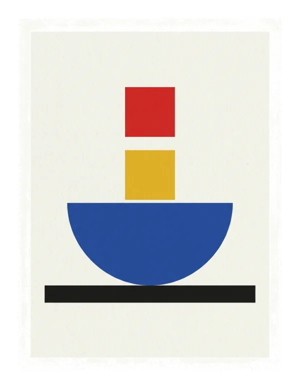 Abstract composition with red, yellow, and blue squares and a blue semicircle on a black horizontal line.