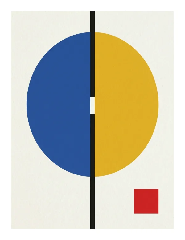 A vertical black line divides a blue circle and a yellow circle, with a small red square below.