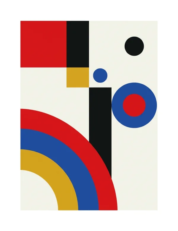 Abstract composition with red, blue, yellow, and black geometric shapes including arcs, circles, and squares on a cream background.