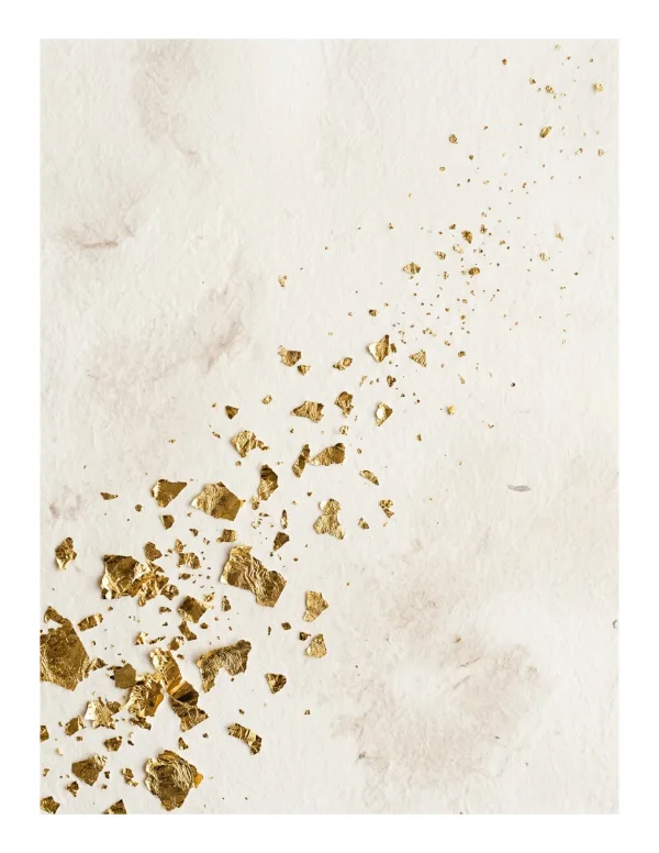 Scattered gold leaf fragments on a textured off-white background with subtle watercolor washes.