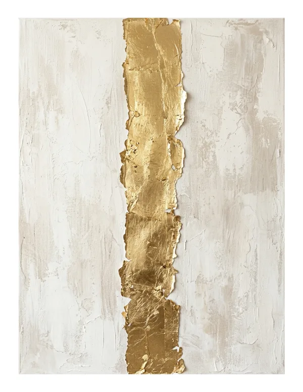 A vertical torn strip of gold leaf applied to a textured background of cream and beige paint.