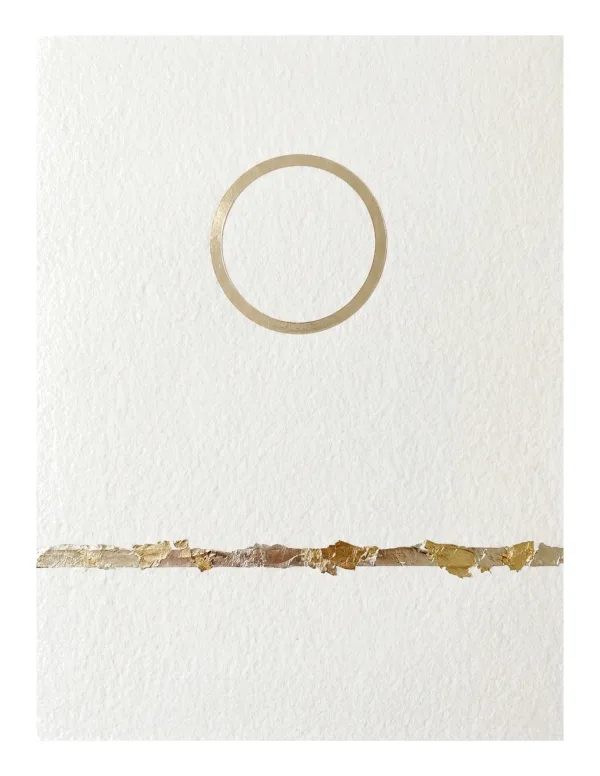 A simple abstract art piece with a gold circle above a textured gold horizontal band on a white background.