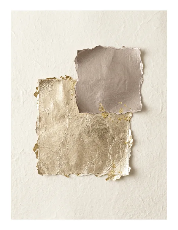 Two overlapping torn paper pieces, one gold, one taupe, with gold leaf accents on cream textured paper.