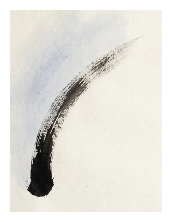 A single black ink brush stroke arcs across a light background with subtle blue wash.